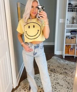 Le Lis Yellow Cropped Smiley Face Graphic Tee
