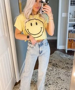 Le Lis Yellow Cropped Smiley Face Graphic Tee