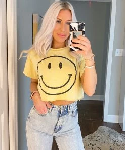 Le Lis Yellow Cropped Smiley Face Graphic Tee