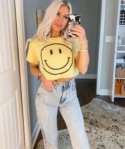 Le Lis Yellow Cropped Smiley Face Graphic Tee
