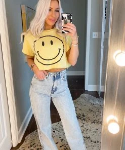 Le Lis Yellow Cropped Smiley Face Graphic Tee