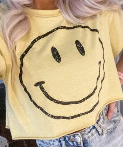 Le Lis Yellow Cropped Smiley Face Graphic Tee