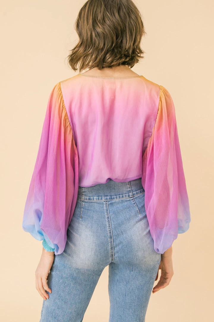 Flying Tomato Sunset Ombre Sheer Sleeve Bodysuit Women's Clothing 4 Flying Tomato Sunset Ombre Sheer Sleeve Bodysuit Women's Clothing