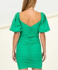 HYFVE Green Ruched Puff Sleeve Mini Dress