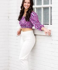 Lush Purple Floral Quarter Sleeve Top Women's Clothing