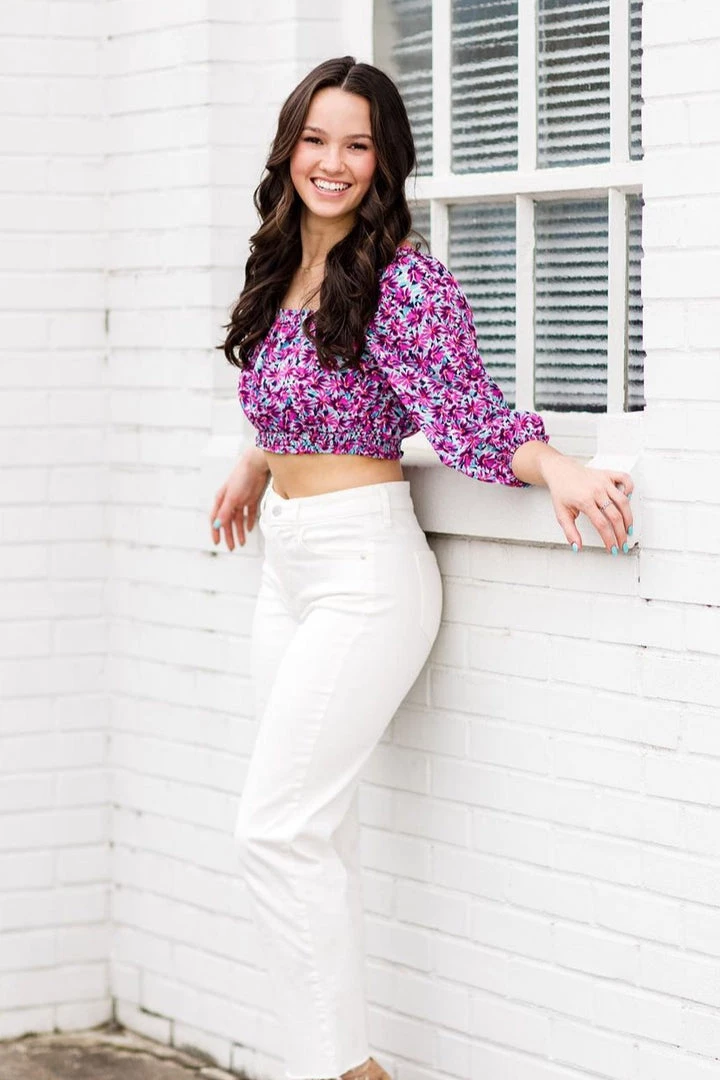 Lush Purple Floral Quarter Sleeve Top Women's Clothing 4 Lush Purple Floral Quarter Sleeve Top Women's Clothing