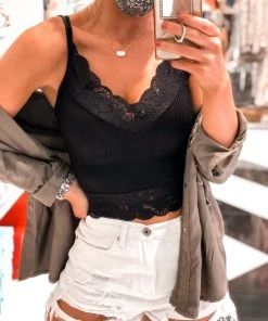 Dynamic Fashion Ribbed Lace Cropped Tank Top Loungewear