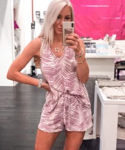 Blue Blush Lavender Palm Sleeveless Two Piece Set Women's Clothing