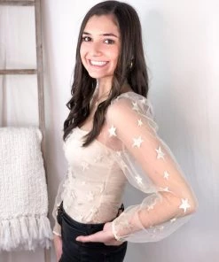 Le Lis Women's Clothing Mesh Long Sleeve Embroidered Star Bodysuit