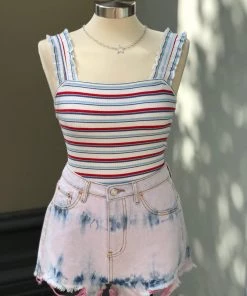 Le Lis Red, White And Blue Striped Ruffle Bodysuit Women's Clothing