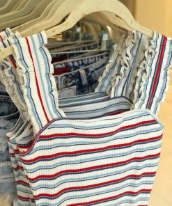 Le Lis Red, White And Blue Striped Ruffle Bodysuit Women's Clothing