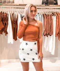 Illa Illa Rust Orange One Sleeve Side Tie Top Women's Clothing