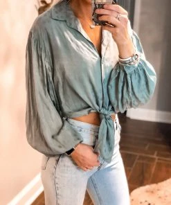 Mustard Seed Green Polka Dot Puff Sleeve Blouse