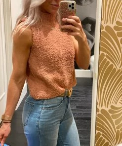 She & Sky Women's Clothing Cinnamon Sherpa Sleeveless Turtleneck Top