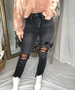 Risen Jeans Women's Clothing Bailey High Rise Black Distressed Girlfriend Jeans