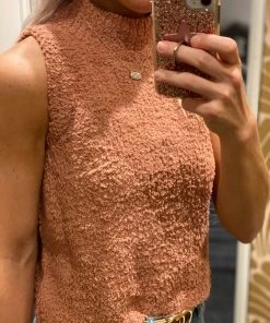 She & Sky Women's Clothing Cinnamon Sherpa Sleeveless Turtleneck Top