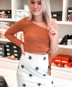 Illa Illa Rust Orange One Sleeve Side Tie Top Women's Clothing