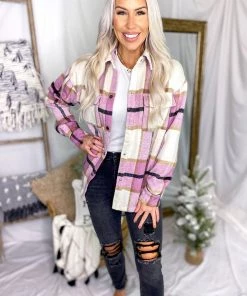 Bailey Rose Women's Clothing Brushed Pink Plaid Button Down Top