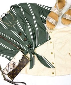 HYFVE Striped Olive Front Tie Crop Top