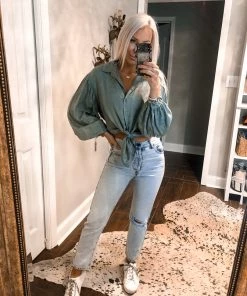 Mustard Seed Green Polka Dot Puff Sleeve Blouse