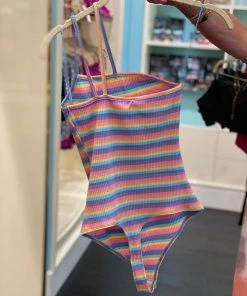 Le Lis Rainbow Stripe One Shoulder Thong Bodysuit