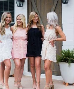 HYFVE Women's Clothing Pom Pom Textured Mini Ruffle Hem Dress - Beige Tan