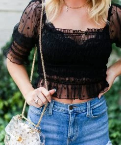 Le Lis Women's Clothing Black Sheer Star Patterned Puff Sleeve Smocked Top