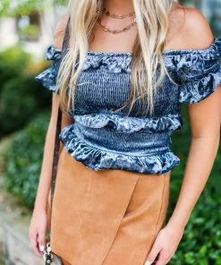 Timing Steel Grey Velvet Ruffle Smocked Top Women's Clothing