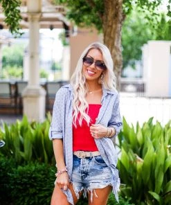 Promesa Star Pattern Blue Long Sleeve Button Tie Top