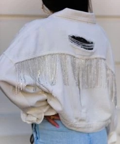Blue B Ivory Rhinestone Fringe Denim Jacket