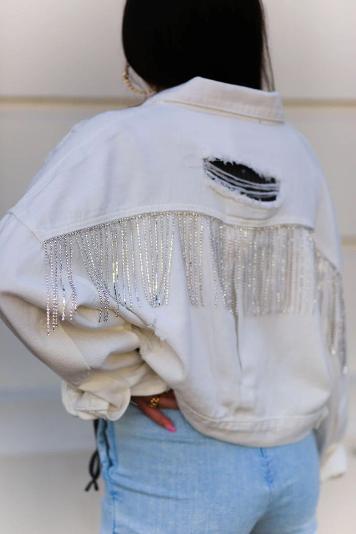 Blue B Ivory Rhinestone Fringe Denim Jacket 4 Blue B Ivory Rhinestone Fringe Denim Jacket