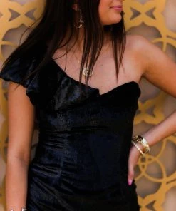 Do + Be Black Velvet Ruffle Shoulder Mini Dress Women's Clothing