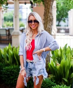 Promesa Star Pattern Blue Long Sleeve Button Tie Top