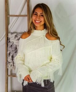 Blue B Women's Clothing Ivory Double Cutout Shoulder Sweater With Fringe