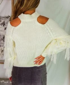 Blue B Women's Clothing Ivory Double Cutout Shoulder Sweater With Fringe
