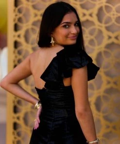 Do + Be Black Velvet Ruffle Shoulder Mini Dress Women's Clothing