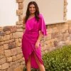 Do + Be Women's Clothing Pink Patterned Satin One Shoulder Midi Dress