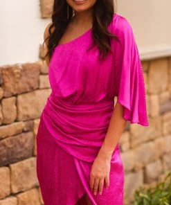 Do + Be Women's Clothing Pink Patterned Satin One Shoulder Midi Dress