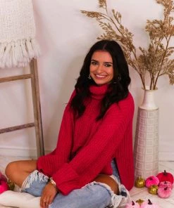 Glam Fuchsia Pink Turtleneck Side Slit Sweater