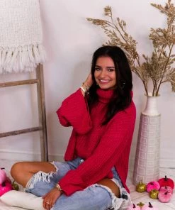 Glam Fuchsia Pink Turtleneck Side Slit Sweater