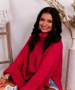 Glam Fuchsia Pink Turtleneck Side Slit Sweater