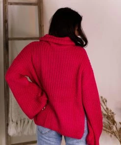 Glam Fuchsia Pink Turtleneck Side Slit Sweater