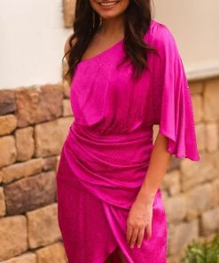 Do + Be Women's Clothing Pink Patterned Satin One Shoulder Midi Dress