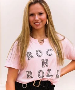 Vintage Distressed Baby Pink Rock N' Roll Rhinestone Graphic Tee Women's Clothing