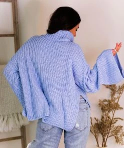 Glam Women's Clothing Baby Blue Turtleneck Side Slit Sweater