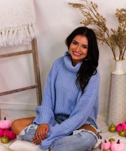 Glam Women's Clothing Baby Blue Turtleneck Side Slit Sweater