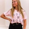 Vintage Distressed Baby Pink Rock N' Roll Rhinestone Graphic Tee Women's Clothing