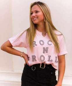 Vintage Distressed Baby Pink Rock N' Roll Rhinestone Graphic Tee Women's Clothing