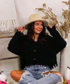 HYFVE Women's Clothing Black Button Down Distressed Hem Cardigan