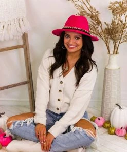 ACCITY Magenta Pink Panama Hat With Chain Belt